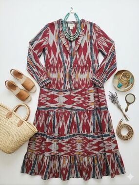 Guadalupe Rambagh Hand Printed Ikat Red And Gray Tiered Cotton Maxi Dress